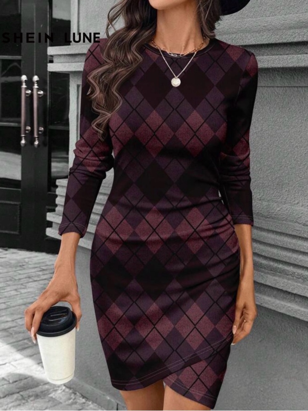 SHEIN Burgundy Argyle Long Sleeve Bodycon Dress